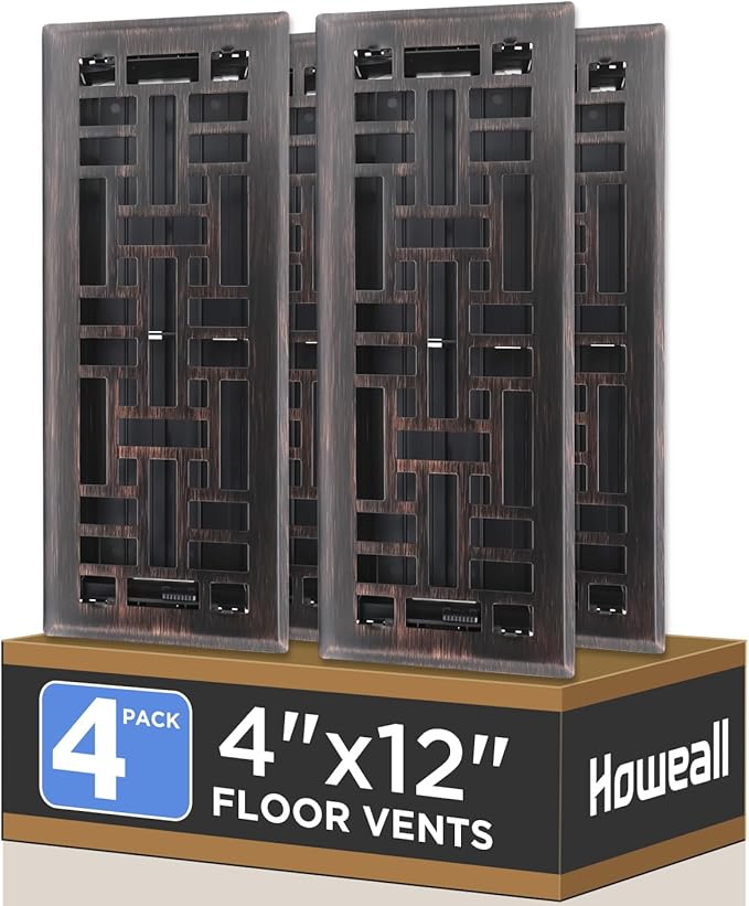 4x12 Inches 4 Pack Heavy Duty Walkable Floor Register - Easy Adjust Air Supply Lever Decorative Floor Vent Covers, Seattle Design Vent Covers for Home - Oil Rubbed Bronze