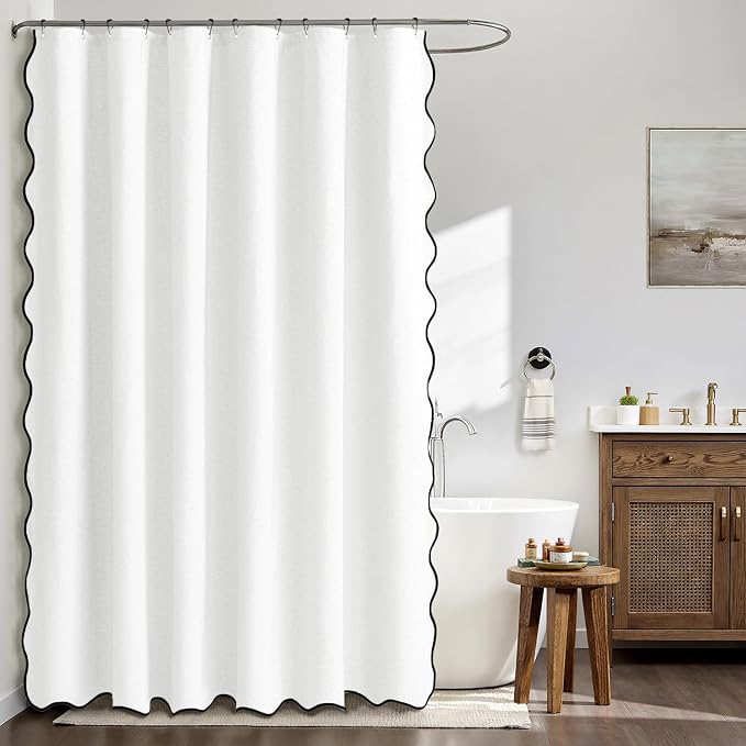 MIULEE White Scalloped Linen Shower Curtain 72x72 Inches - Image 2