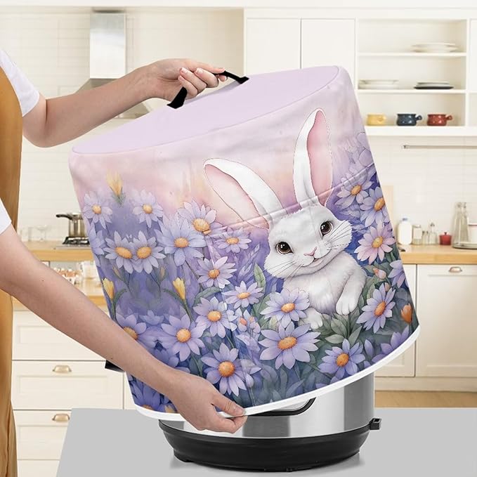 Pressure Cooker Cover for 6 Quart Air Fryer, Stain Resistant Washable Round Protective Electric Appliance Cover Kitchen Easter Decoration, Bunny Purple Flower