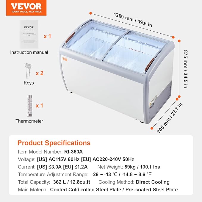 VEVOR Commercial Ice Cream Display Case, 12.8 Cu.ft Chest Freezer, Mobile Glass Top Deep Freezer, Restaurant Gelato Dipping Cabinet with 4 Wire Baskets, 2 Sliding Glass Doosr, Locking Casters, White