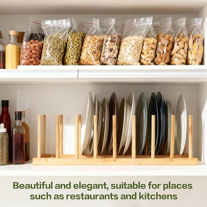 Bamboo Wooden Dish Rack for Cabinets,Plate Organizer for Cabinet Space Saver,Vertical Plate Holder for CabinetsPlates Organizer for Kitchen Cabinets Pot Cutting Board OrganizerDish Storage Rack Stand