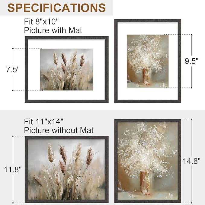 Vittanly 11x14 Picture Frame Set of 2, Solid Wood Frame for Wall Art Photo and Prints, Display Photo 8x10 with Mat or 11x14 without Mat, Black