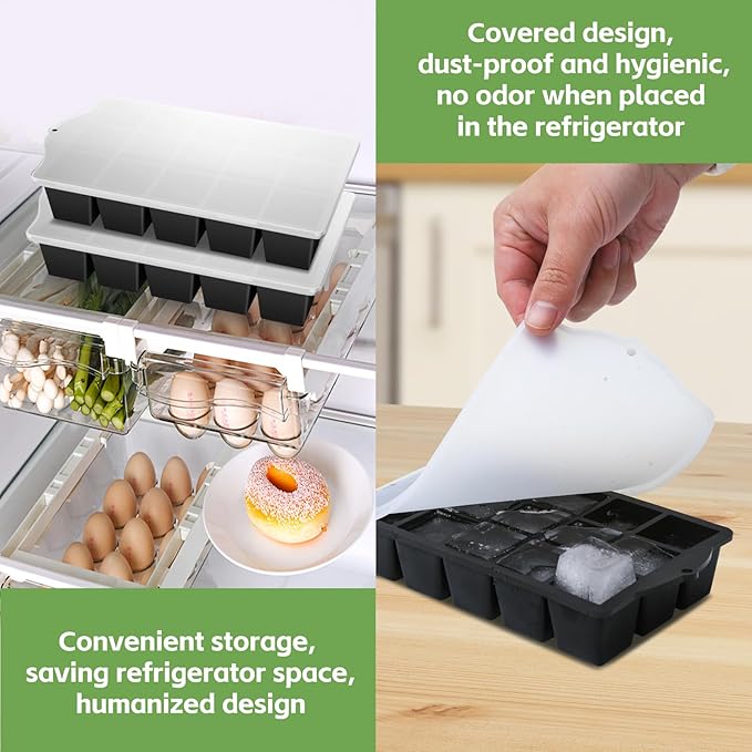 Silicone Ice Cube Tray, 2 Pack Easy-Release Stackable Ice Trays for Freezer with Lid 15 Reusable Cubes, Food Grade BPA Free Ice Molds for Whiskey, Baby Food, Coffee, Cocktail, Drinks (Black)