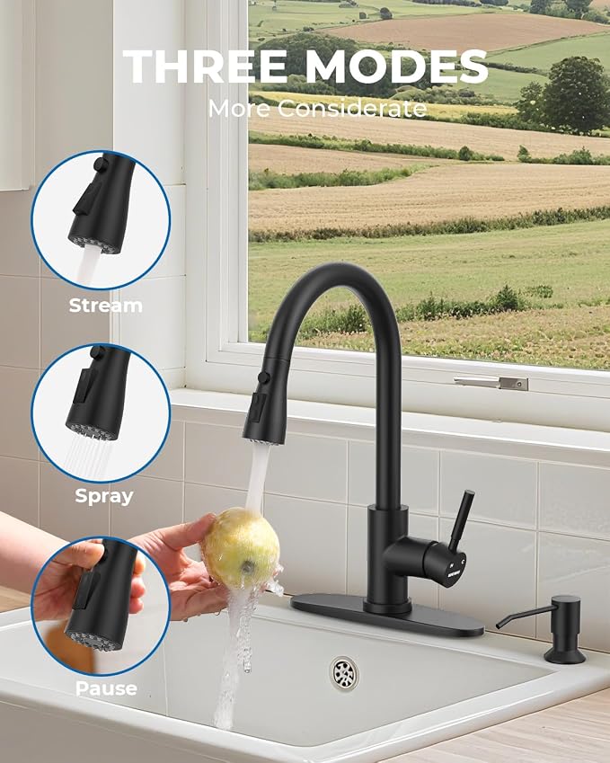 WEWE Kitchen Faucet with Soap Dispenser, Pull-Down Sprayer, Matte Black | - Image 4