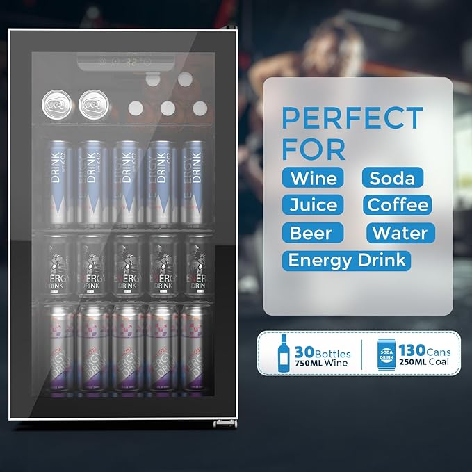 COWSAR Mini Fridge Cooler, 130 Can Beverage Refrigerator with Glass Door, ETL Approved Wine Fridge with Digital Temperature Control, LED Light, Reversible Door for Home, Office, Bar - 3.2 Cu.Ft