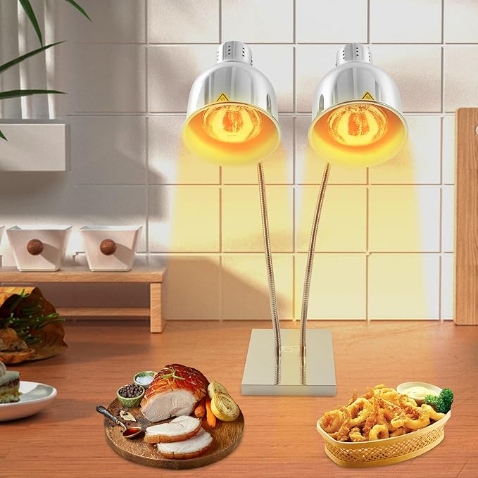 Food Heat Lamp Warmer Silver, 500W Double Bulbs Buffet Display Heating Preservation Light, Electric Portable Infrared Heating Lamp with 360°Adjustable Head (Silver)