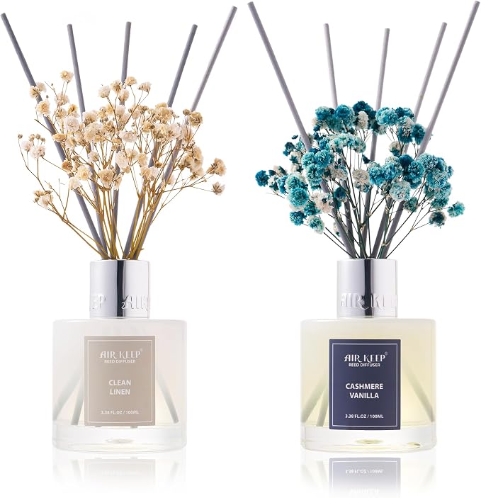 Reed Diffuser 3.38 oz 2pk, Clean Linen/Cashmere Vanilla Scented Reed Diffuser by Airkeep