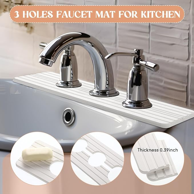 Teenyyou 3 Hole White Faucet Mat Kitchen Sink 16.1" x 5" | Bathroom Faucet - Image 5
