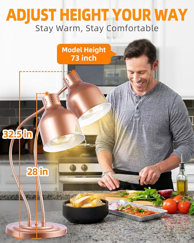 Food Heat Lamp: [Rapid-Heating Bulbs Included] [Steady Heating] Commercial Food Warmer Lamp, Electric Heat Lamp for Food Catering Food Warming Lamp for Buffet Parties (Painted Copper, 32" (2-Head))
