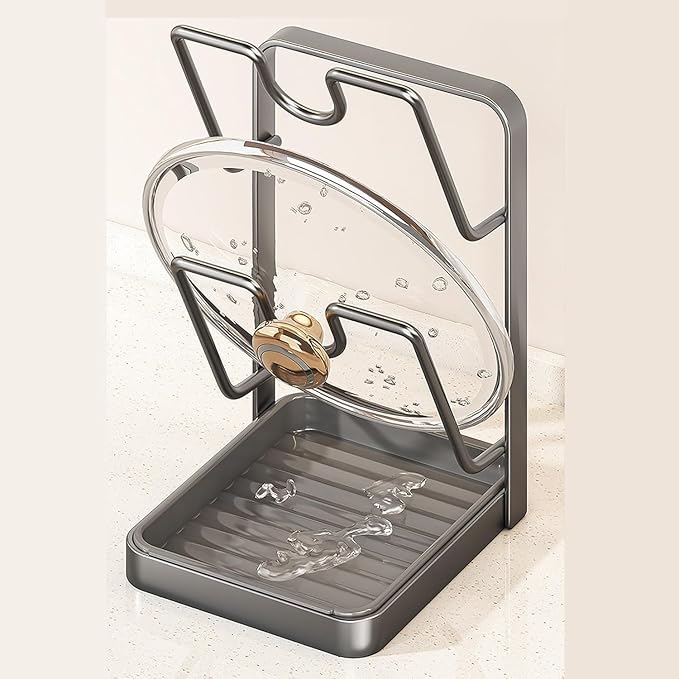 Kitchen Pot Lid Storage Rack, Premium Bamboo Pot Lid Holder with Adjustable Slots, Removable Drip Tray, and Space-Saving Design – Cutting Board Organizer & Pot Cover Stand for Countertop, Cabinet