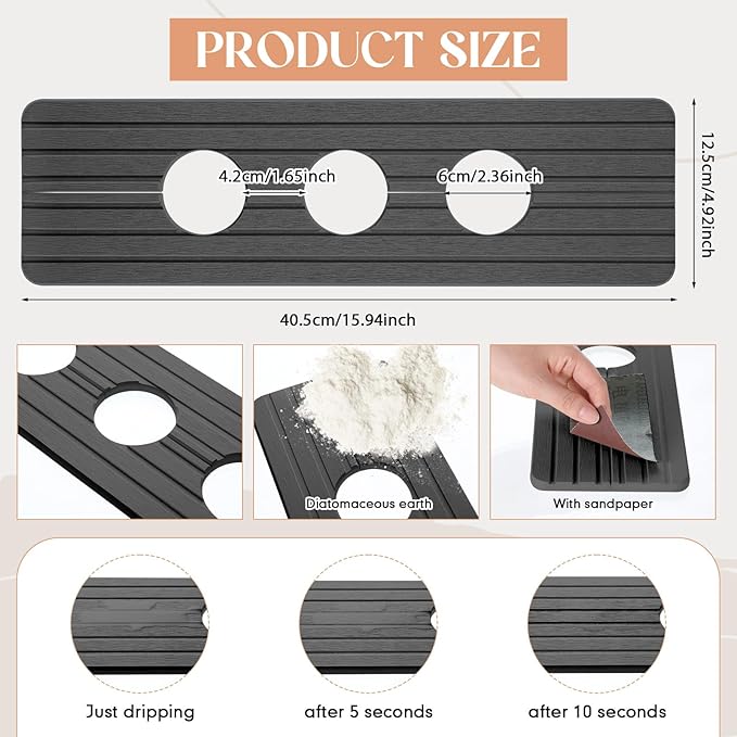 Teenyyou 3 Hole Gray Faucet Mat Kitchen Sink 15.94" x 4.92" | Bathroom Faucet - Image 2
