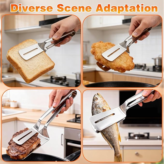 2PCS Stainless Steel Grill Clamp, Anti-Scald Extended Handle Spatula Tong, Steel Double-Sided Shovel Clip For Grilling Meat, Fish And Pancakes (B)