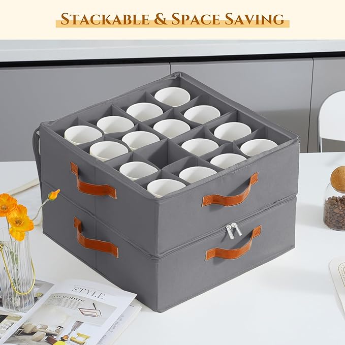 2 Pack Coffee Mug Storage Box with Dividers, Stackable China Storage Containers with Lid, Zipper, and Handles for 32 Mugs and Cups, Mug Storage Organizer for Packing & Moving, Gray