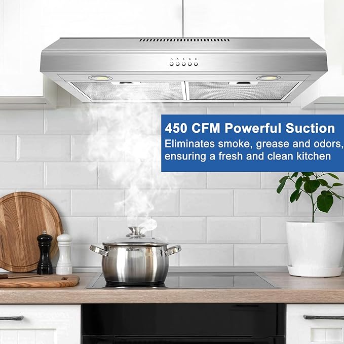 Range hood 30 Inch Under Cabinet,450 CFM Ducted/Ductless Vent Hood for Kitchen With Bright Light, Quiet Operation and 3 Speed Exhaust Fan