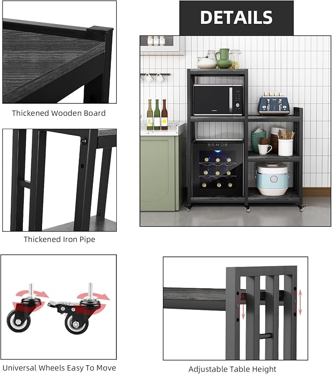 6-Tier Kitchen Bakers Rack, Multifunctional Storage Shelf, Mini Fridge & Microwave Oven Stand Table, Coffee Bar, Adjustable Kitchen Shelves Freestadning (Charcoal Black Wood Grain Print with wheels)