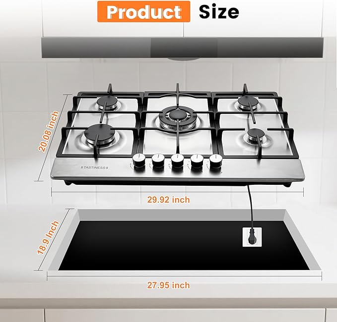 30 inch Gas Cooktop, Stove Top with Built-in 5 Burners, 304Stainless Steel Bulit-in Kitchen Stove, NG/LPG Convertible Gas Stovetop with Thermocouple Protection