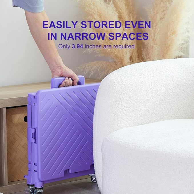 Foldable Utility Cart Folding Portable Rolling Crate Handcart with Durable Heavy Duty Plastic Telescoping Handle Collapsible 4 Rotate Wheels for Travel Shopping Moving Luggage Office Use (Purple)