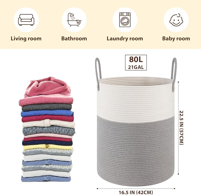 OIAHOMY 80L Nursery Hamper Laundry Basket Laundry Hamper Grey/White - Image 2