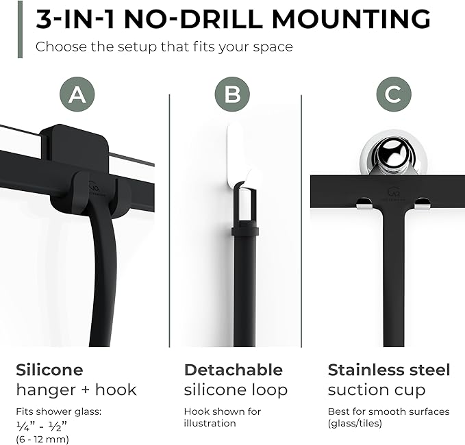 Silicone Shower Squeegee with 3-in-1 No-Drill Mount, Streak-Free & No-Squeak - Image 4