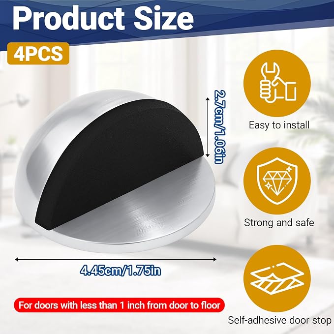 Self Adhesive Door Stoppers, Stainless Steel No Drill Rubber Floor Door Stop - Image 2