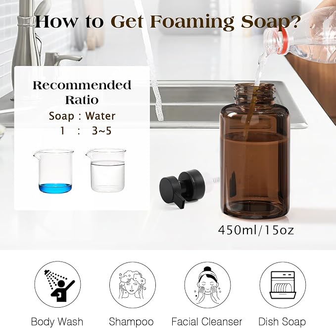 Luxspire 15oz Glass Foaming Soap Dispenser Set, Amber + Dark Gray, 2 Pack | - Image 5
