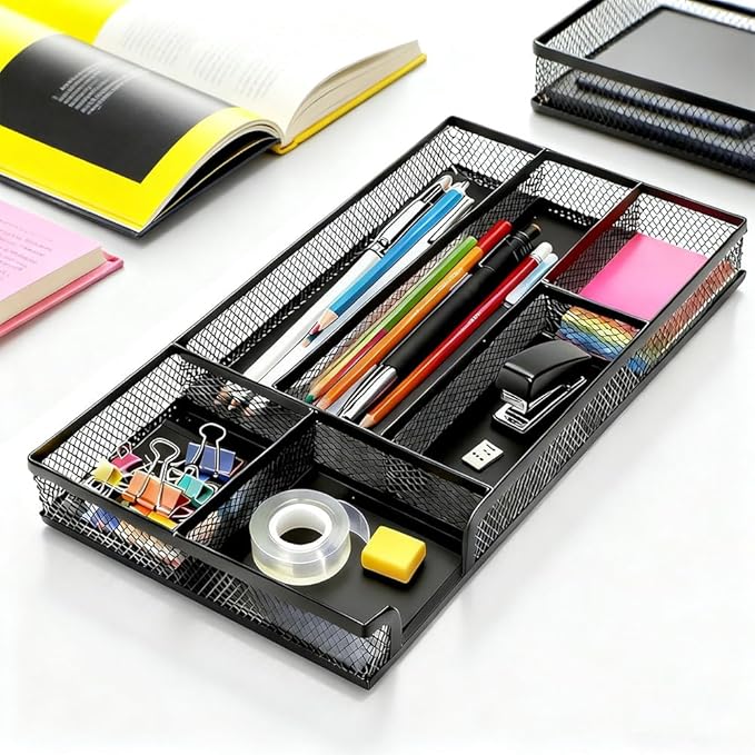 Desk Drawer Organizer, Small Metal Mesh Desk Organizer Tray | Pen Pencil Drawer - Image 2