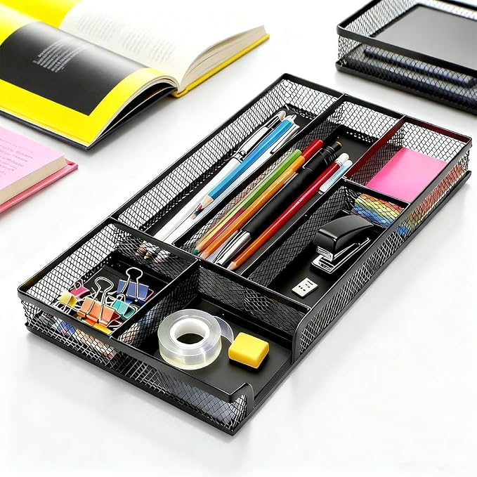 2 Pack Desk Drawer Organizer, Small Metal Mesh Desk Organizer Tray, Pen Pencil - Image 3