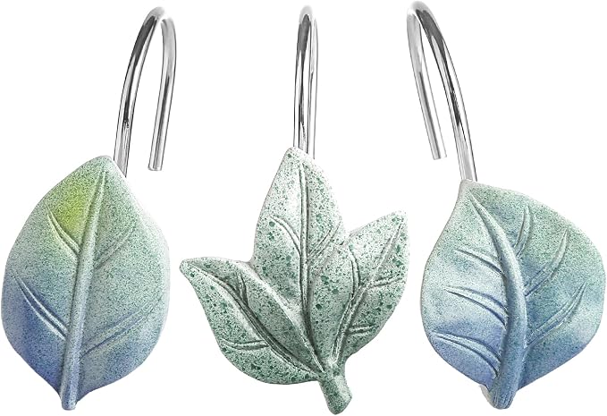 Blue Plant Leaf Shower Curtain Hooks, Eucalyptus Bathroom Decor, Metal Rustproof by Gibelle