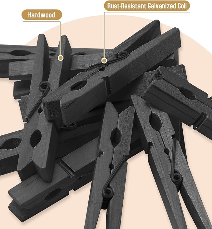 100 Pack Black Wooden Clothes Pins 2.9 Inch, Heavy-Duty Wood Clothespins | - Image 3