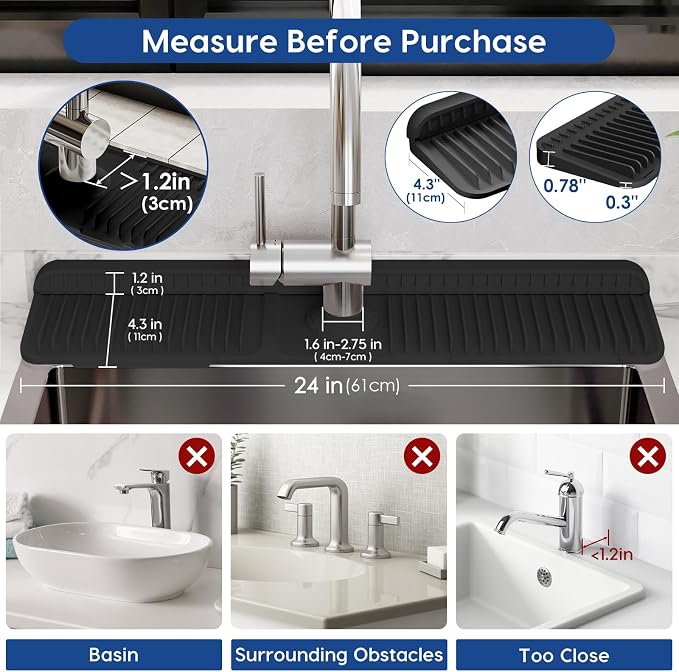 24-Inch Silicone Faucet Mat for Kitchen Sink Splash Guard, 7° Slope | 24"x5.5" - Image 2
