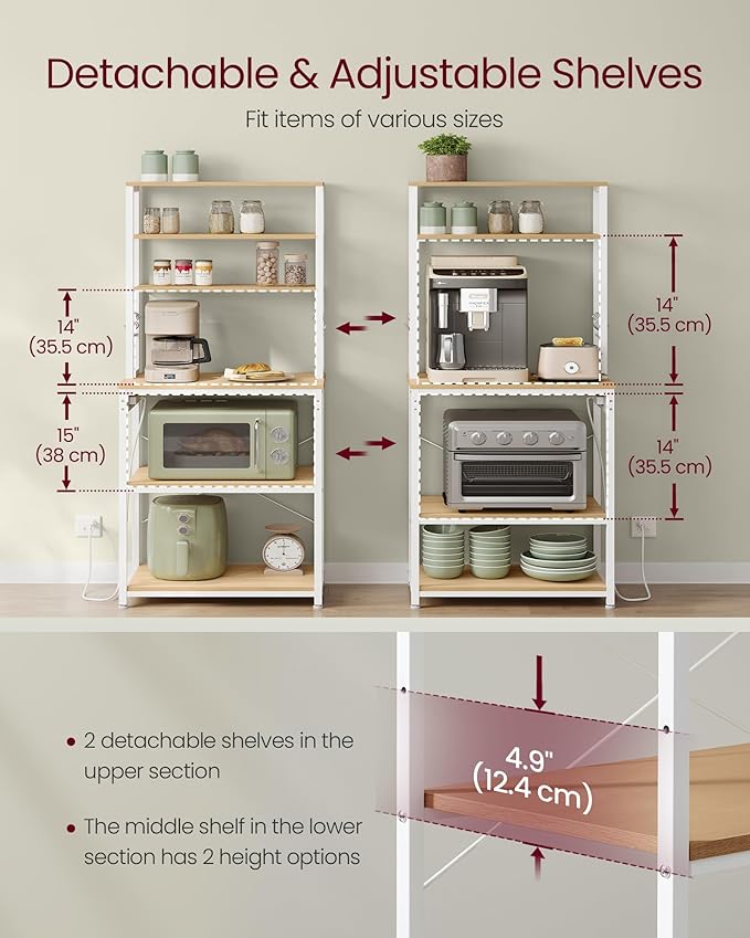 VASAGLE Bakers Rack with Power Outlet, 23.6 Inches Coffee Bar for Kitchen with Storage, 6-Tier Kitchen Shelves with 6 Hooks, Microwave Stand, Industrial, Golden Oak and Cloud White UKKS124Y03