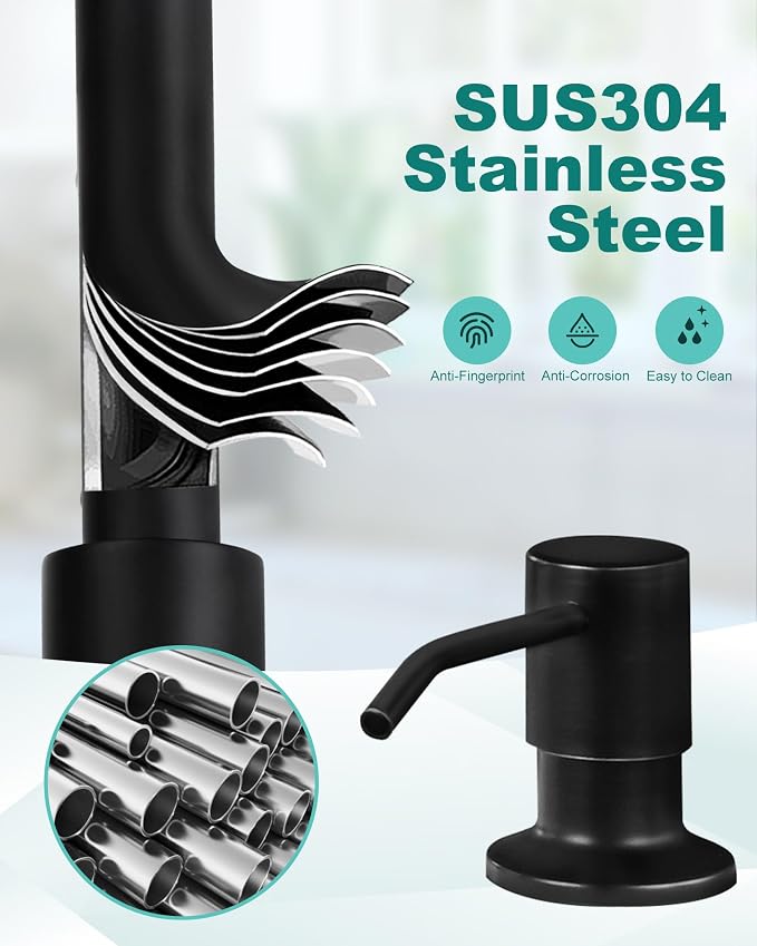 Black Kitchen Faucet with Soap Dispenser: 3-Function Kitchen Faucet with Pull - Image 8