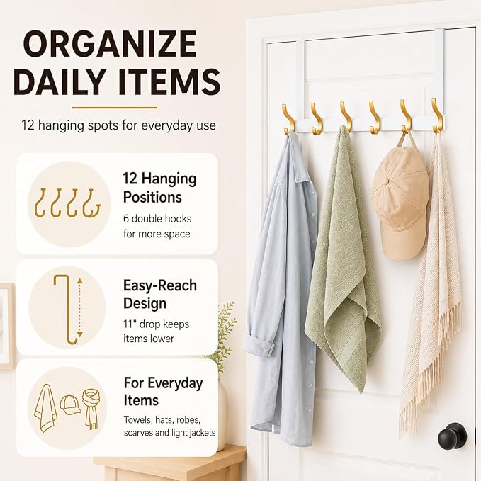 Peasulin Over The Door Hooks 11" Extended Arms, 6 Double Door Hanger Hooks | - Image 6