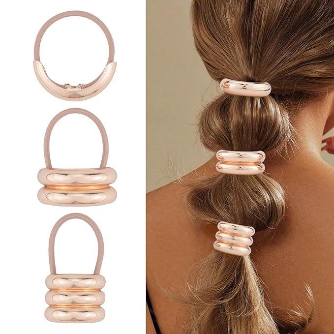 3PCS Rose Gold Geometric Hair Ties - Polished Metal Hair Cuffs, Non-Damage Ponytail Holders for Stylish Hairstyles