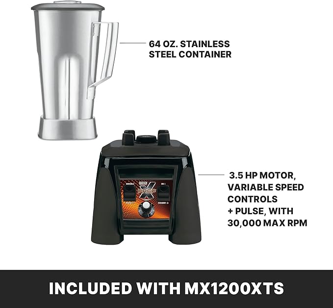 Waring Commercial MX1200XTS 3.5 HP Blender with Variable Speed Dial Speed Controls and a 64 oz. Stainless Steel Container, 120V, 5-15 Phase Plug