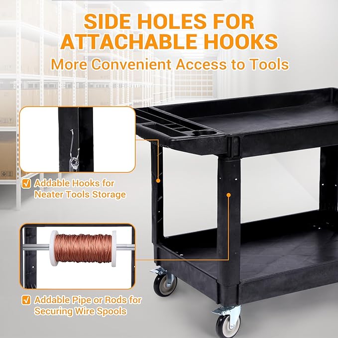 2-Shelf Large Heavy Duty PP Service Cart 45.7x25.6 Inch, Rolling Utility Cart with 360° Swivel Wheels, 550LBS, Oversize Shelf, Storage Handle, for Warehouse/Garage/Cleaning, Black