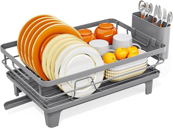 TOOLF Space-Saving Dish Drying Rack, Multifunctional Dish Rack for Kitchen Counter,Sink Dish Drainer Rack, Dishes Strainer with Drain Board & Cutlery Holder, Compact Dryer Rack,Gray
