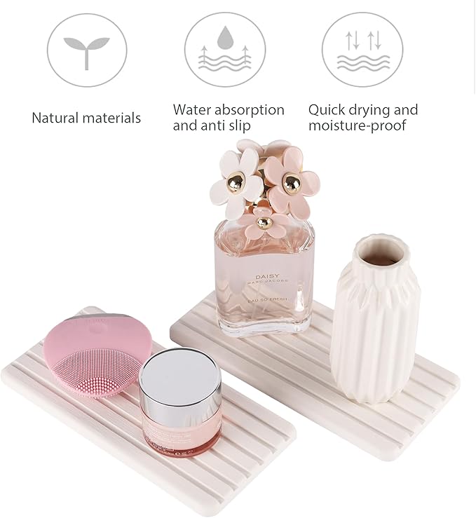 2 PCS Water Absorbent diatomite Coasters, 8.3" x 4" Water Absorbing Stone Tray for Sink, Stone Drying mat for Kitchen Counter, Stone soap Tray Used for Hand Soaps & toiletries & Plants