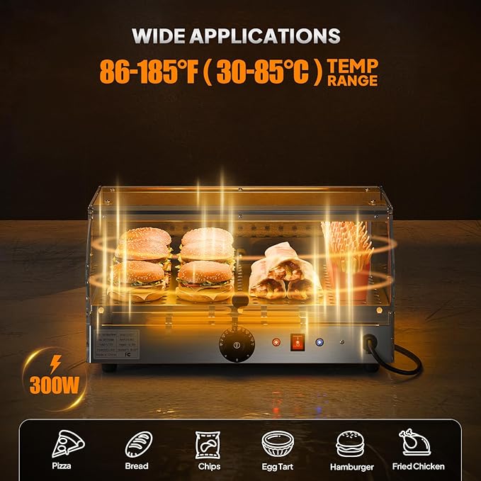 Bonnlo Commercial Food Warmer Display Pizza Warmer, Electric Countertop Food Warmer with LED Acrylic Door Removable Shelves Temp Control, Food Display Warmer for Buffet Restaurant, 120V 300W (1-Tier)