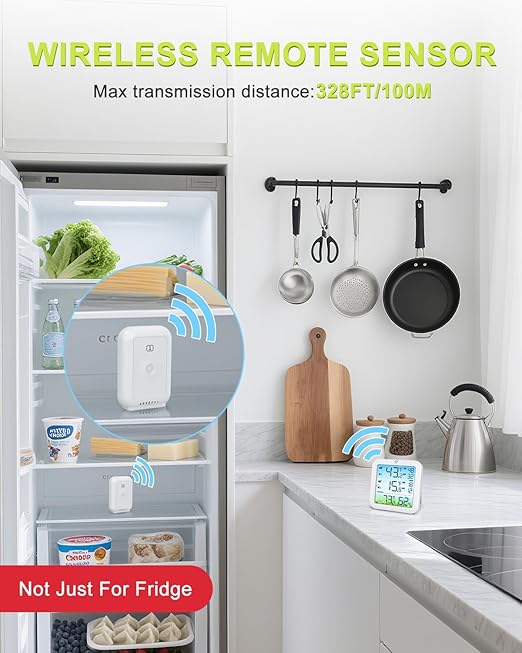 Wireless Fridge and Freezer Thermometer with Alarm, Max/Min Temperature Records Digital Refrigerator Thermometer, 328FT Remote Range, Magnetic & Stand Options for Kitchen Home Restaurant