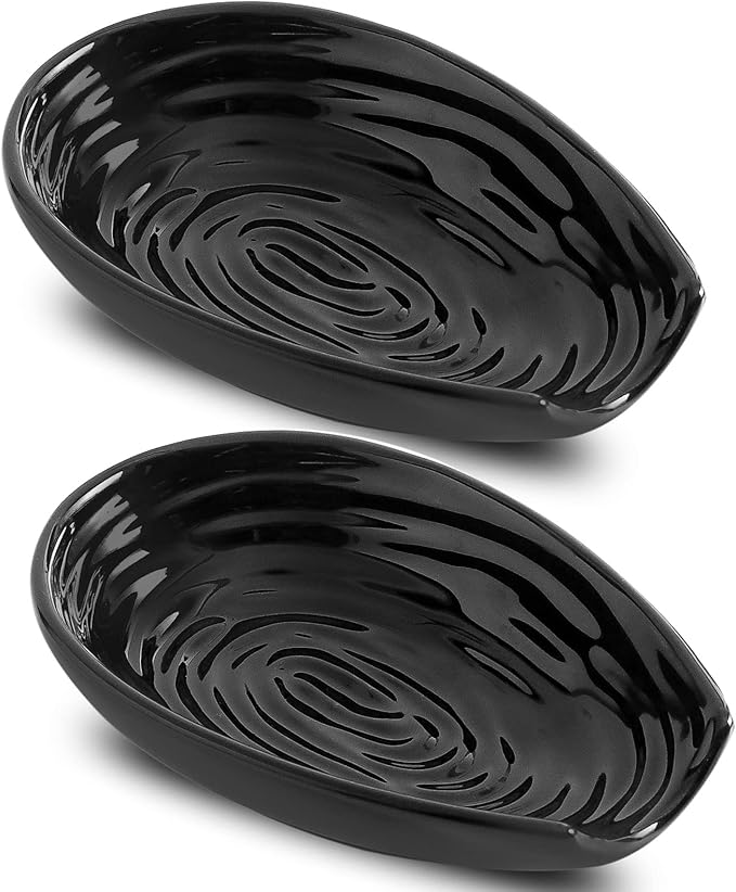 Hasense Spoon Rest for Stove Top, Spoon Holder for Kitchen Counter, Ceramic Cooking Spoon Holder for Ladle Spatula Tong and Spoon, Kitchen Utensil Rest for Home Coffee Bar Decor, Black, 2 PCS