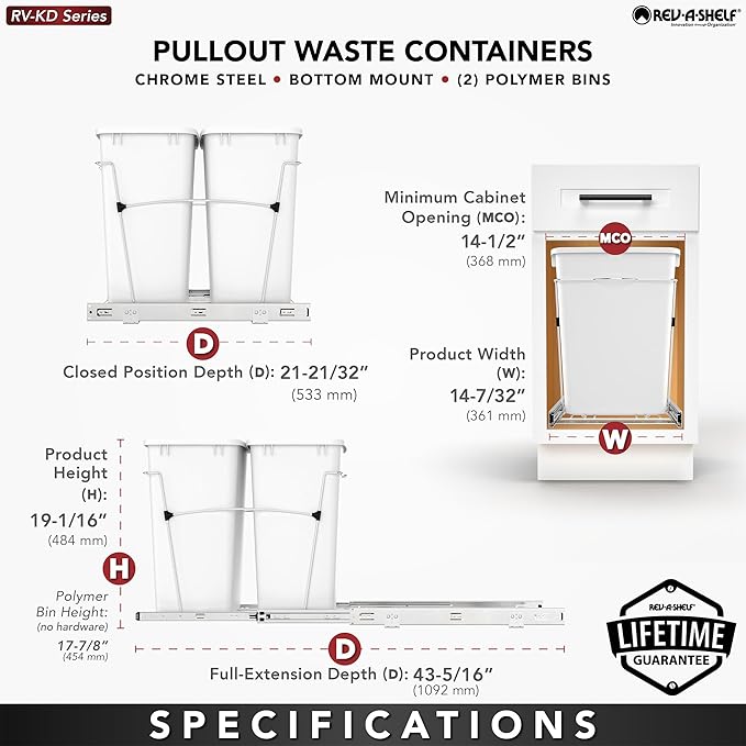 Rev-A-Shelf RV-18KD-1618C-S Double Pullout Trash Can for Kitchen Cabinets 35 Qt Garbage Recycling Bin on Full Extension Slides, Red/Black