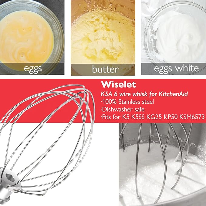 Stainless Steel K5A Whisk and Flat Beater for KitchenAid 5 Quart Bowl Lift Stand Mixer, Compatible with KG25, KSM5, K4SS, K5SS, KSM50, KP50, Heavu Duty and Dishwasher Safe