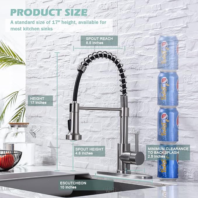 WEWE High Arc Pull-Down Kitchen Faucet, 2-Mode Sprayer, Brushed Nickel | - Image 2