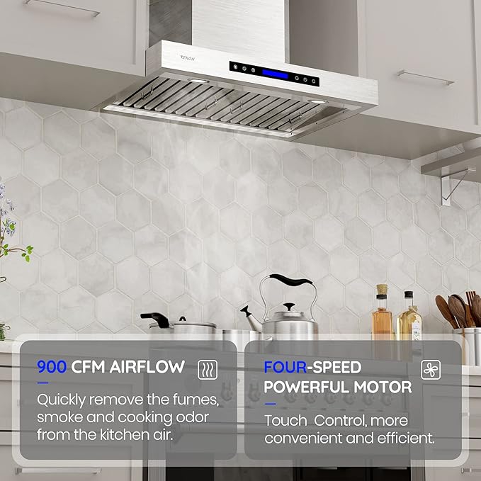 EKON 900 CFM Range Hood Stainless Steel 36 inch Kitchen Hood Vent With 4 Speeds Touch Panel Control LCD Display and Remote / 2 Pcs 3W Led Lights / 3 Pcs Baffle Filters NAP01-36N