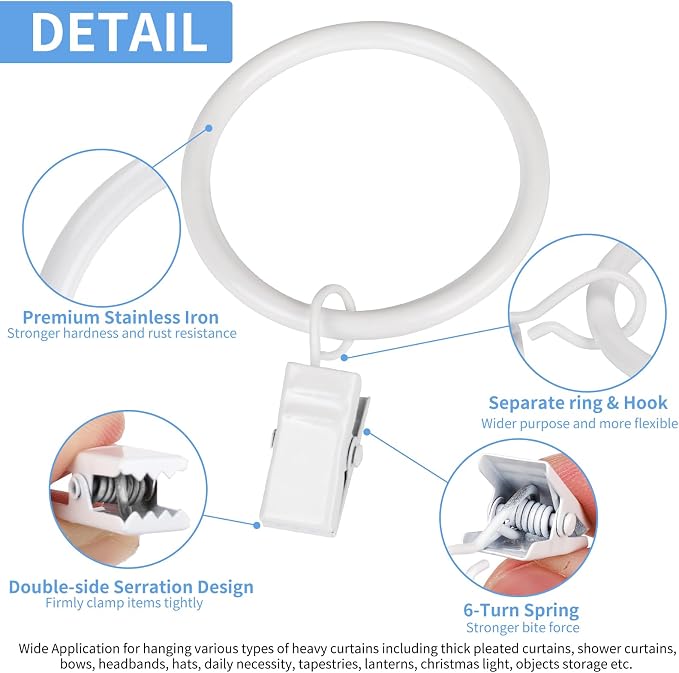 Curtain Rings with Clips, 44 Pack Metal Drapery Rings with Clips Hooks Hangers - Image 4