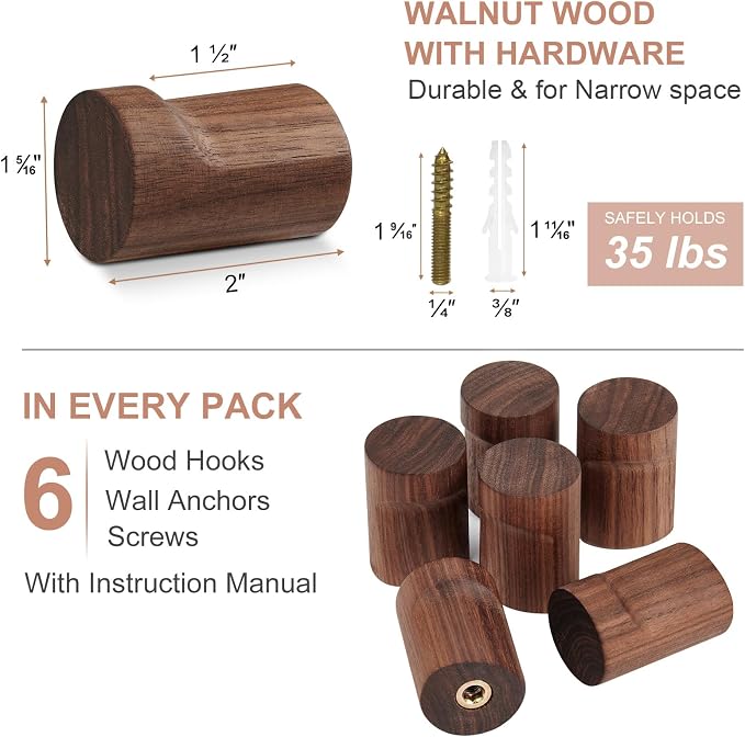 Wood Wall Hooks for Hanging, 6 Pack Rustic Coat Hooks Wall Mount, Handmade - Image 7