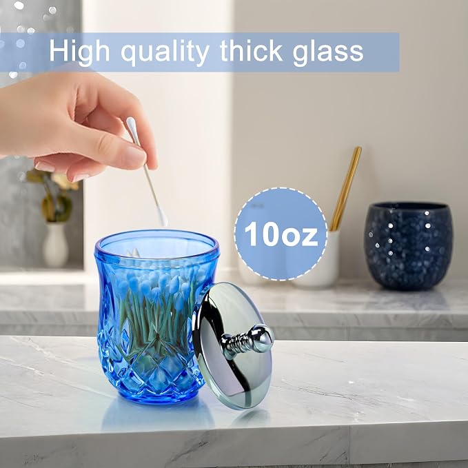 10Oz Blue Q-Tip Holder, Round Thick Glass & Metal Lid - Image 3