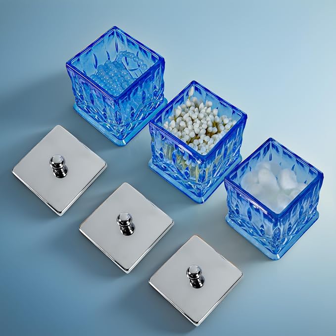 15Oz Blue Q-Tip Holder, Square Thick Glass & Metal Lid - Image 7
