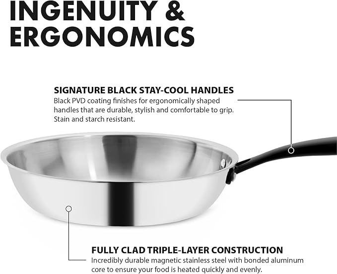 GrandTies Full-Clad Tri-Ply Stainless Steel Frying Pan Induction Cookware – 10 Inch Stainless Steel Skillet, Marquina Black Metal Handles Kitchen Cooking Pan, Dishwasher and Oven Safe Pots and Pans